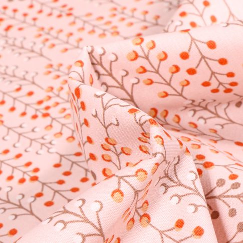 Tissu Coton imprimé Bio Branches fleuris sur fond Saumon