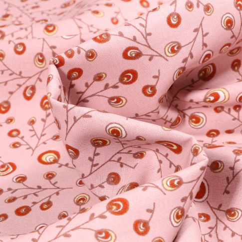 Tissu Coton imprimé Bio Branches et bourgeons sur fond Rose pâle