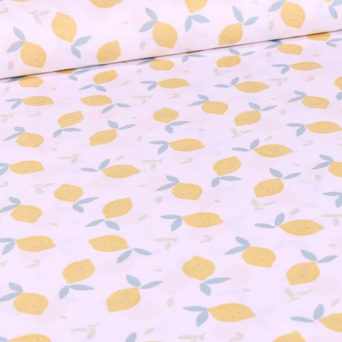 Tissu Coton imprimé Bio Petit citron pastel sur fond Blanc