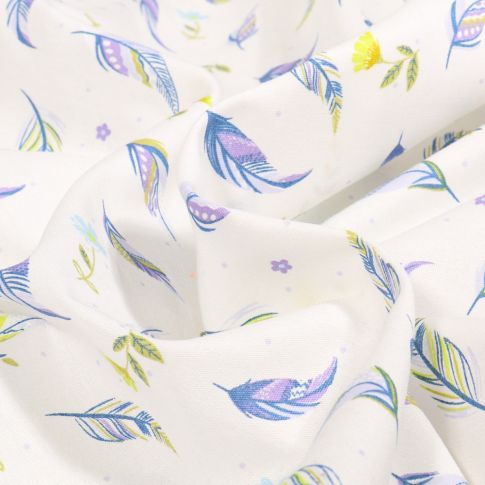 Tissu Coton Bio Plume's sur fond Blanc