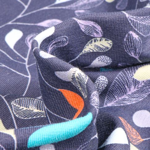 Tissu Jersey Coton Bio Feuillages colorés sur fond Bleu