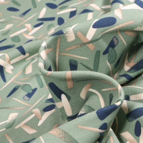 Tissu Jersey Coton Bio Tâches colorées sur fond Vert amande