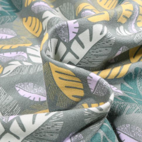 Tissu Jersey Coton Bio Feuilles de palmiers colorées sur fond Vert d'eau