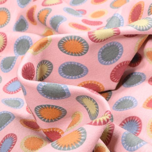 Tissu Jersey Coton Bio Rond pompon colorés sur fond Rose pâle