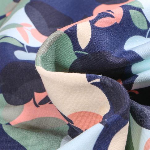 Tissu Sweat léger envers gratté Bio Pommes et poires colorées sur fond Bleu marine