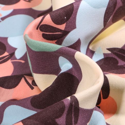 Tissu Sweat léger envers gratté Bio Pommes et poires colorées sur fond Prune