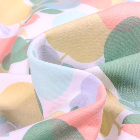Tissu Sweat léger envers gratté Bio Pommes et poires colorées sur fond Blanc