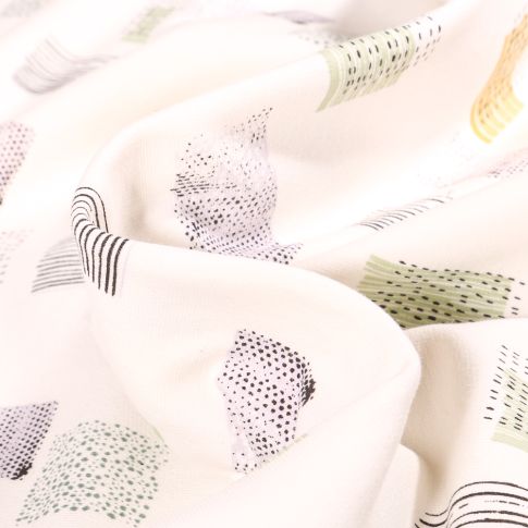 Tissu Sweat léger envers gratté Bio carrés lignes et points sur fond Blanc