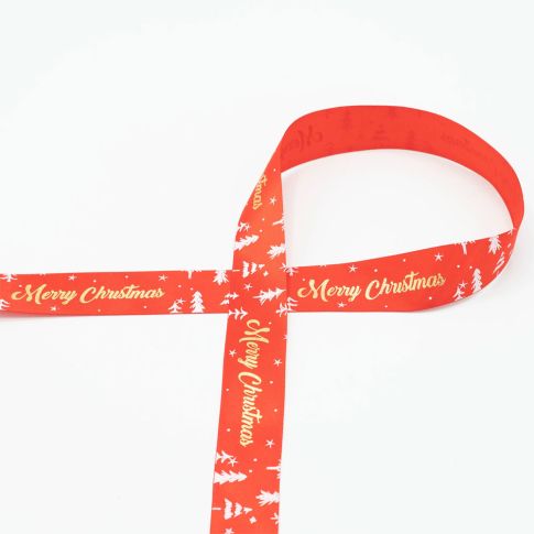 Ruban Satin Merry Christmas doré 25mm Rouge - Au mètre