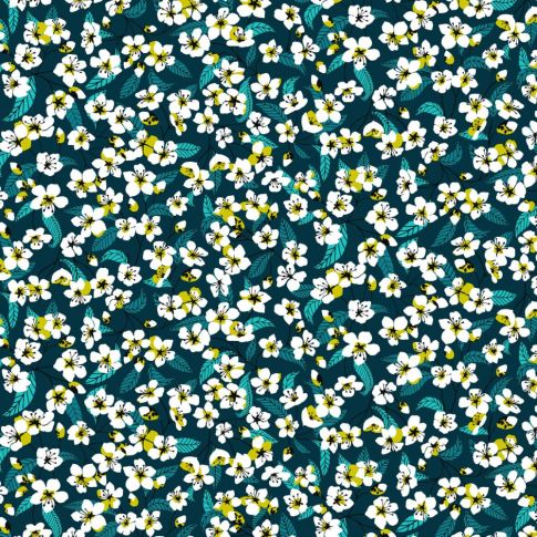 Tissu Coton imprimé Miyu sur fond Bleu pétrole - Coupon de 20 cm