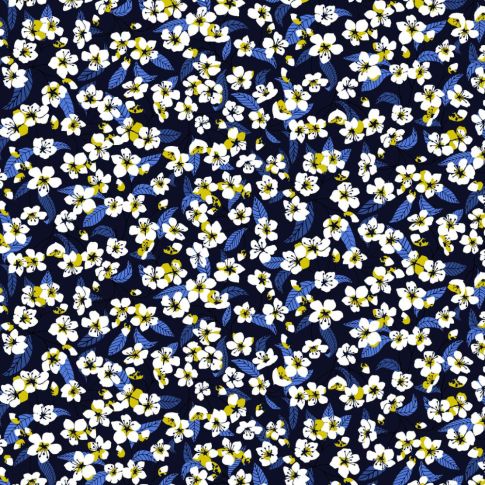 Tissu Coton imprimé Miyu sur fond Bleu marine - Coupon de 20 cm
