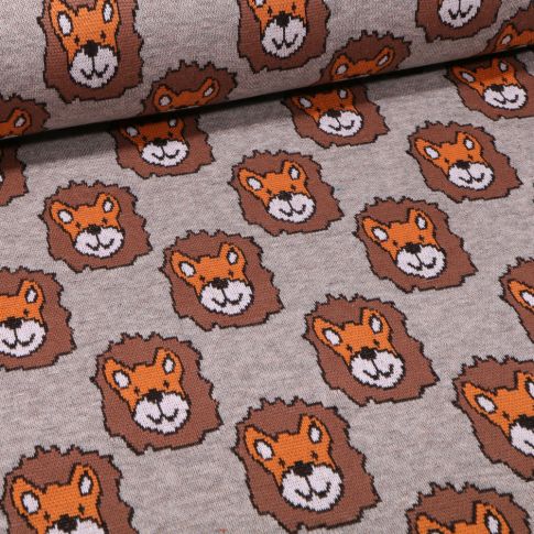 Tissu Sweat Maille Têtes de lions sur fond Gris chiné