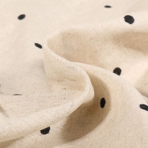 Tissu Lin Viscose Pois brodés noir sur fond Naturel