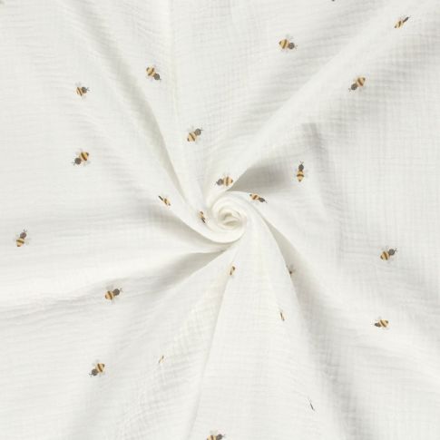 Coupon Tissu Double gaze de Coton Abeilles brodées sur fond Ecru - Coupon de 50 cm