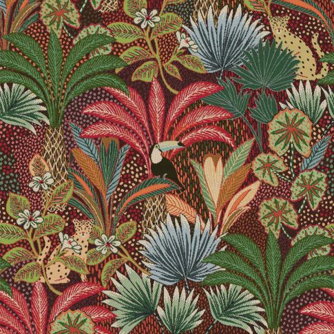 Tissu Jacquard d'ameublement Borne Nature sur fond Bordeaux