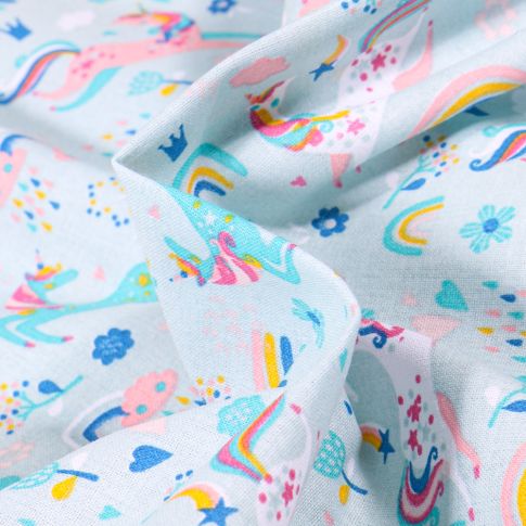 Tissu Coton imprimé Arty I love Licorne sur fond Bleu céladon
