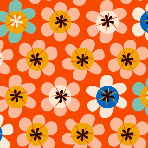 Tissu Enduit Nami fleuris sur fond Orange