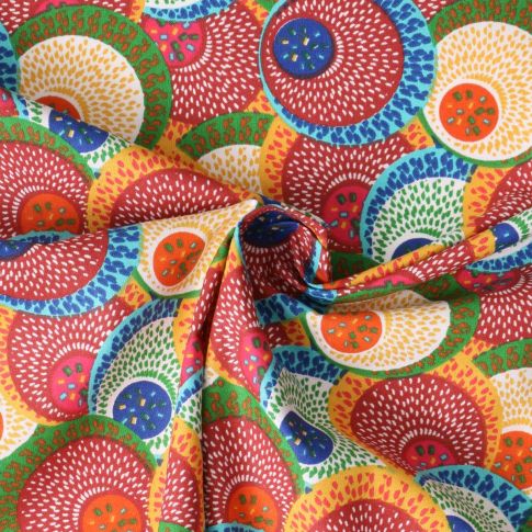 Coupon Tissu Popeline de Coton  Sahel rosaces stylisées sur fond Rouge - Coupon de 100 cm