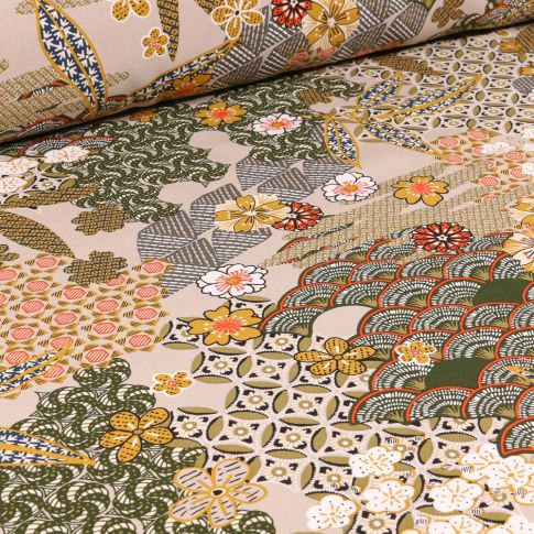 Coupon Tissu Viscose Arty Yin sur fond Vert kaki - Coupon de 120 cm