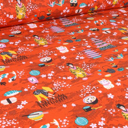 Tissu Coton imprimé Arty Yumi sur fond Corail