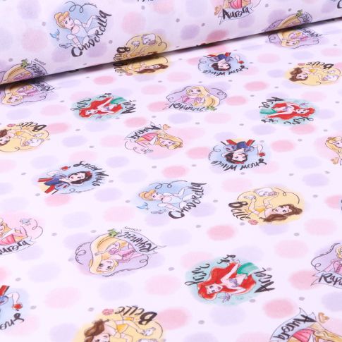 Tissu Disney Princesse et pois sur fond Blanc