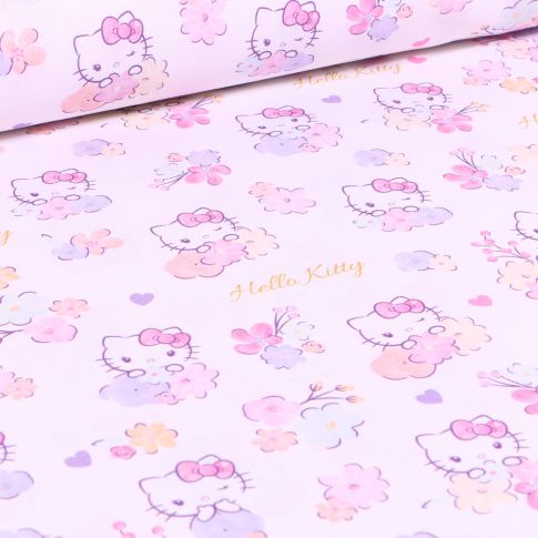Tissu Hello Kitty Flowers sur fond Rose pâle