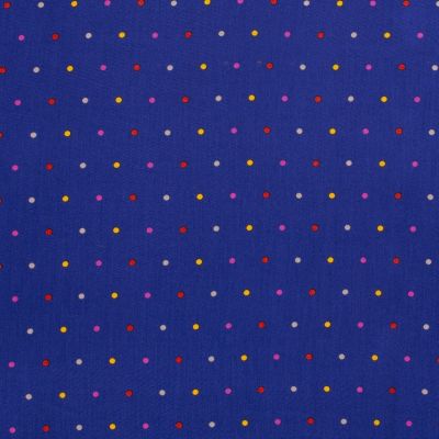 Tissu Viscose imprimé  pois roses, jaunes, rouges et gris sur fond Bleu roi - Par 10 cm