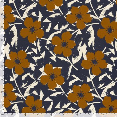 Tissu Sweat léger French Terry Azaléa fleurs Ocre sur fond Bleu nuit - Par 10 cm