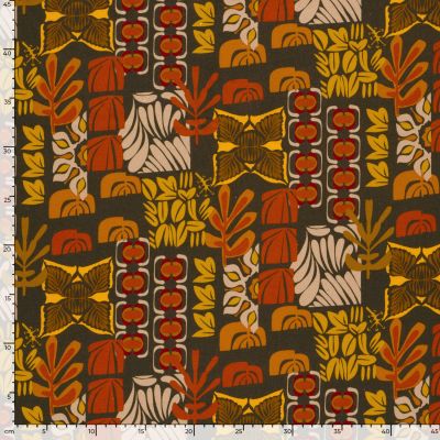 Tissu Sweat léger French Terry Solène floral rétro Rouge et Moutarde sur fond Brun - Par 10 cm