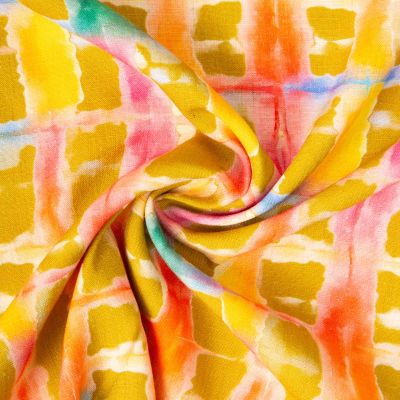 Tissu Lin Viscose imprimé Angèle quadrillage arc-en-ciel sur fond Vert - Par 10 cm