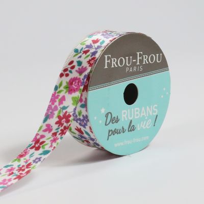 Bobinette Ruban Satin Fleuri Frou-Frou Ecru glamour - 16 mm x 5 mètres