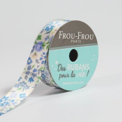Bobinette Ruban Satin Fleuri Frou-Frou Ciel intense - 16 mm x 5 mètres