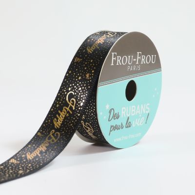 Ruban Satin Happy birthday Frou-Frou Noir de jais - 16 mm x 4 mètres
