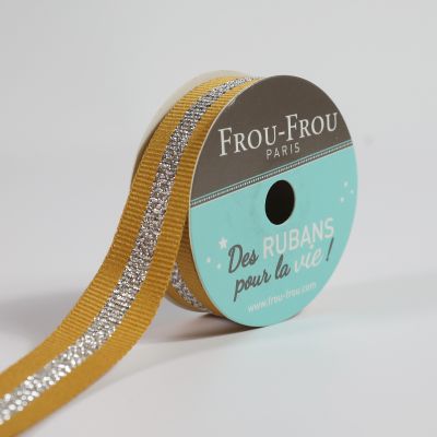 Bobinette Ruban Gros grain Rayure Brillante Frou-Frou Poussière d&#039;or - 15 mm x 4 mètres
