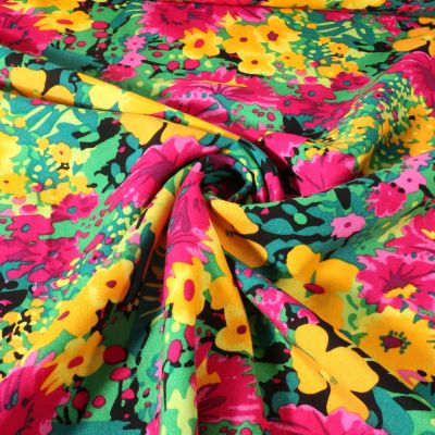 Tissu Viscose imprimé Fleurs jaune sur fond Vert - Par 10 cm
