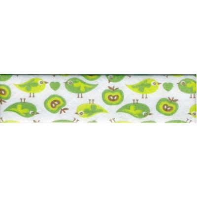 Biais replié 20 mm Vert Pommes et oiseaux x1m