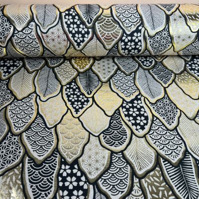Tissu Jacquard Matcha doré sur fond Gris - Par 10 cm