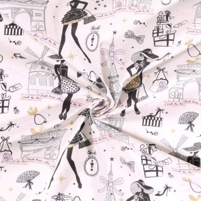Tissu Coton imprimé Arty Moi Paris Noir, doré et rose sur fond Ecru - Par 10 cm