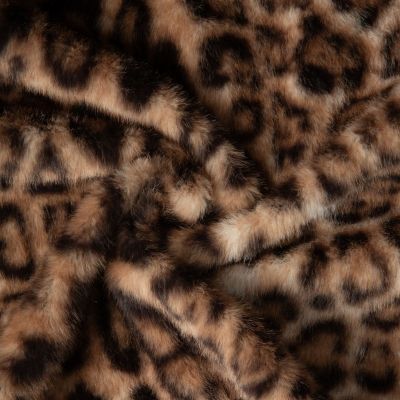 Tissu Fausse fourrure long poil Panthère noir sur fond Marron - Par 10 cm