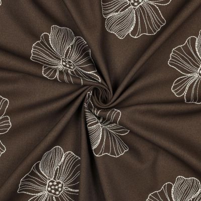 Tissu Viscose Lin Yoko brodé grandes fleurs Blanc sur fond Marron chocolat - Par 10 cm