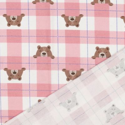Tissu Flanelle de Coton Poppy Carreaux et têtes d&#039;ours sur fond Rose clair - Par 10 cm