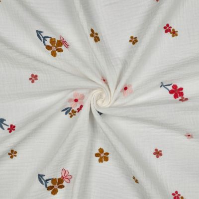 Tissu Double gaze de Coton Fleurs Brodés Zélyne ocre rouge sur fond Blanc - Par 10 cm