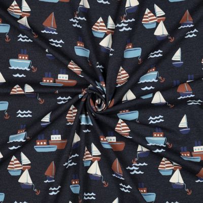 Tissu Jersey Coton mélangé Nolan petits bateaux sur fond Bleu marine - Par 10 cm