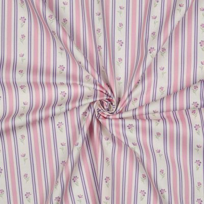 Tissu Popeline de Coton Daphnée rayures fleuries Violet sur fond Blanc cassé - Par 10 cm