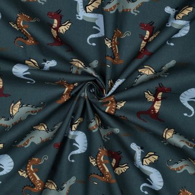 Tissu Popeline de Coton Eliot dragons multicolore sur fond Bleu pétrole - Par 10 cm