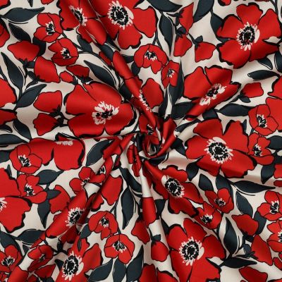 Tissu Coton satiné digital Lola fleurs Rouge sur fond Blanc cassé - Par 10 cm