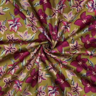 Tissu Coton satiné digital Naya fleurs Pourpre et Rose sur fond Ocre - Par 10 cm