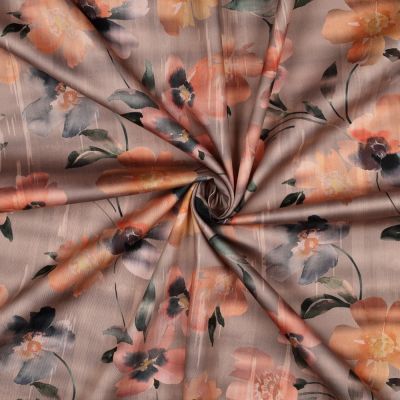 Tissu Coton satiné digital Mila grandes fleurs sur fond Pêche - Par 10 cm