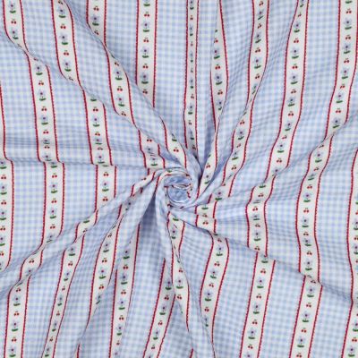 Tissu Coton imprimé Rayures vichy fleuris bleu sur fond Blanc - Par 10 cm