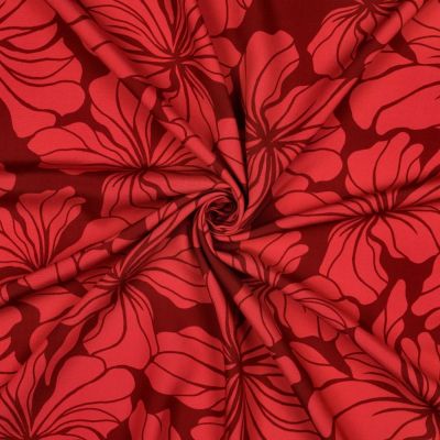 Tissu Viscose imprimé Fleurs Méloria rouge sur fond Bordeaux - Par 10 cm